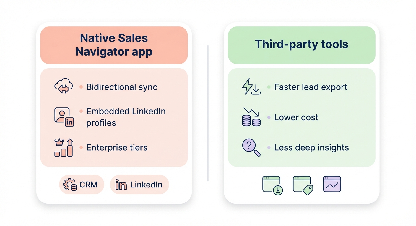 Clean comparison diagram with two rounded columns comparing native LinkedIn Sales Navigator Salesforce integration versus third party middleware tools