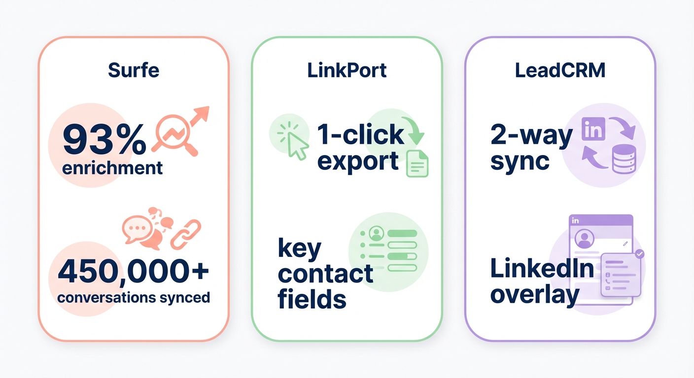 Clean pastel comparison infographic with three rounded vertical columns comparing Surfe, LinkPort, and LeadCRM as tools to connect LinkedIn Sales Navigator with Pipedrive.