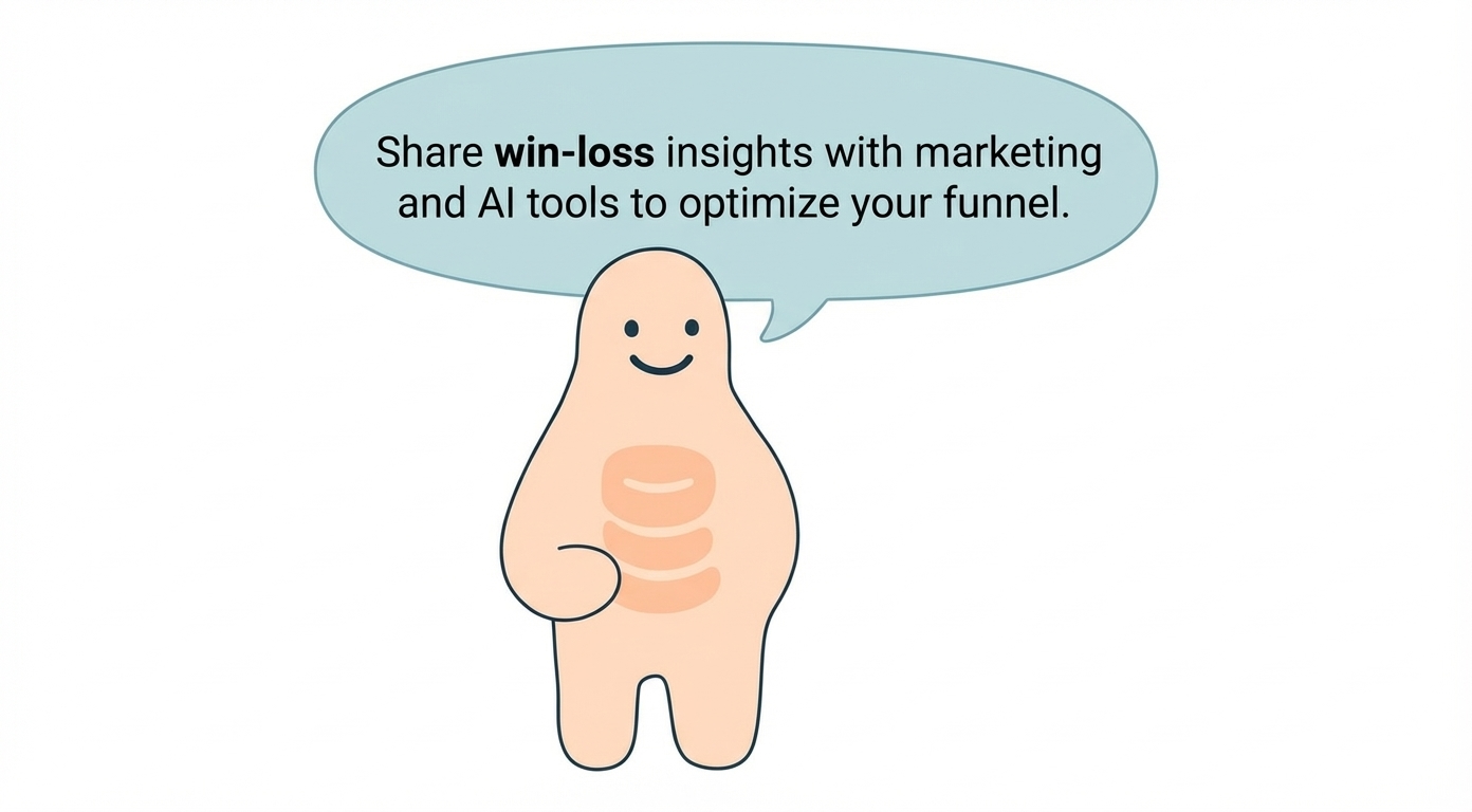Enrichment Agent blob character with a stacked-database icon saying share win-loss insights with marketing and AI tools to optimize your funnel.