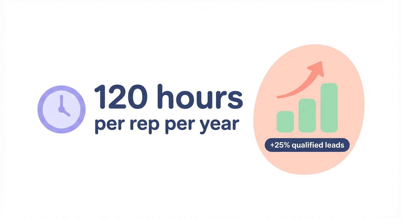 Minimalistic dashboard illustration showing 120 hours per rep per year saved and a 25% increase in qualified leads from LinkedIn to Zoho CRM integration