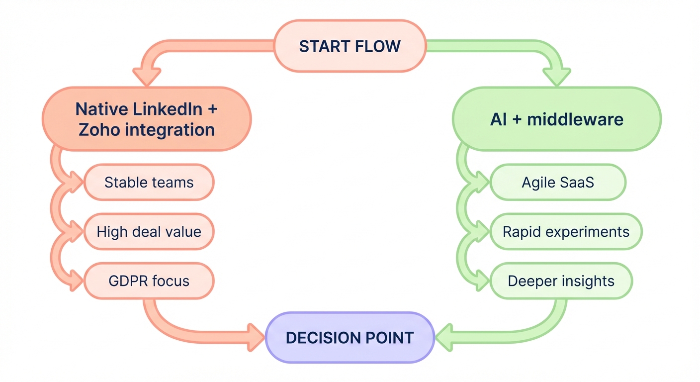 Minimalistic decision diagram comparing native LinkedIn plus Zoho CRM integration with AI and middleware workflows for agile SaaS teams