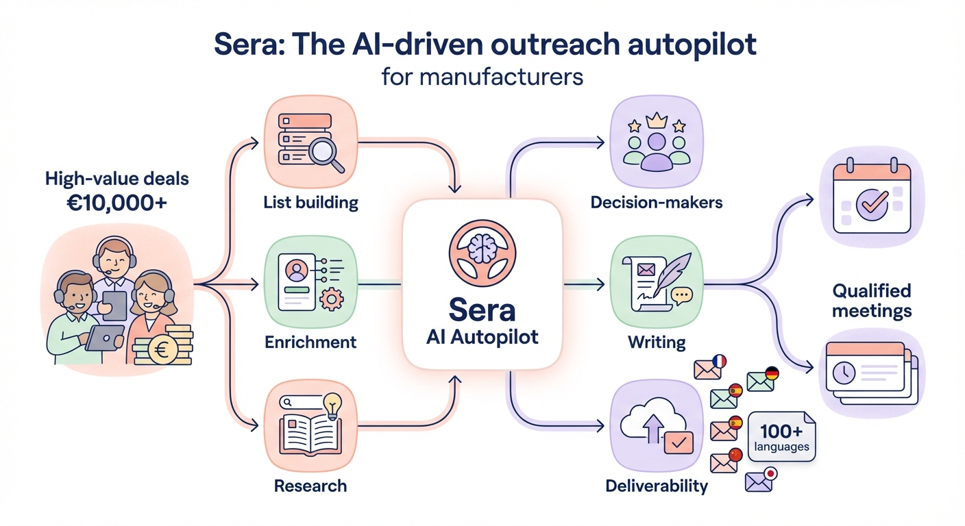 Diagram of Sera AI-driven outreach autopilot for manufacturers showing list building, enrichment, research, decision-makers, writing, deliverability, and qualified meetings for high-value deals over €10,000.