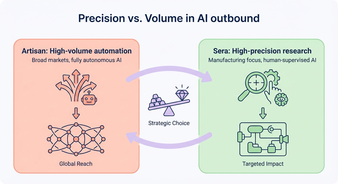 Minimalistic diagram comparing two outbound approaches: on the left Artisan’s high-volume, autonomous AI BDR model, and on the right Sera’s low-volume, human-supervised AI focused on precise research for manufacturers.