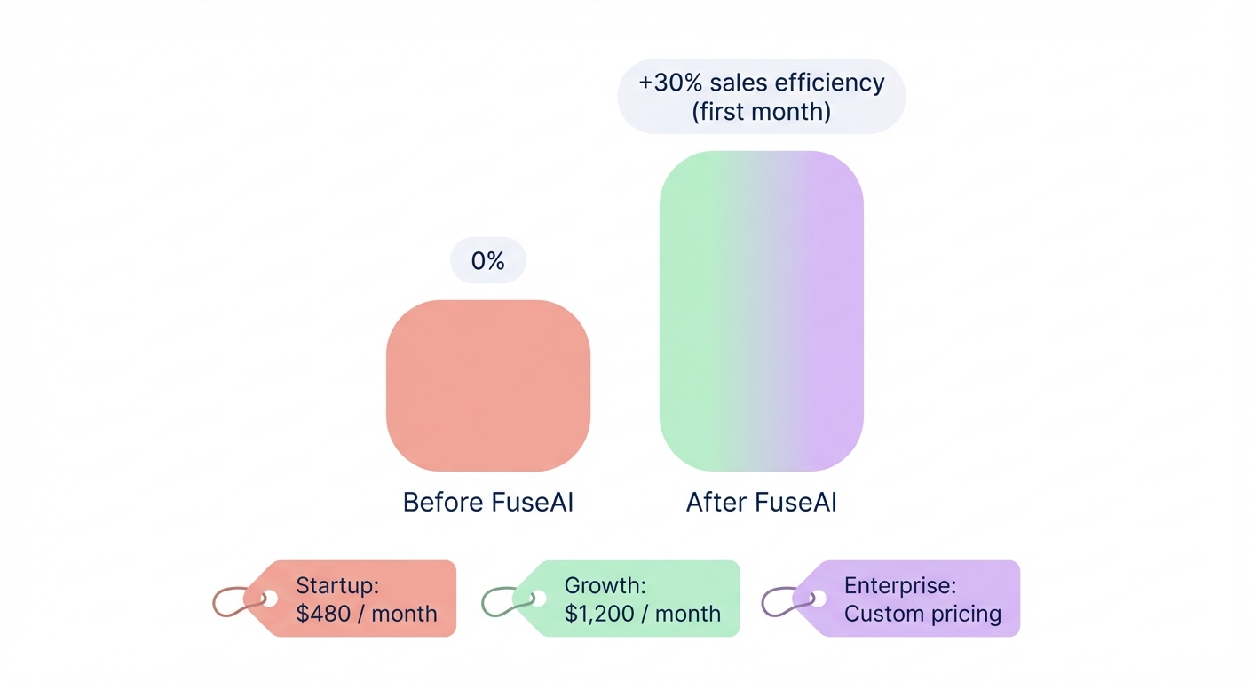 Minimalistic chart showing sales efficiency increasing by 30% after adopting FuseAI, with pricing tags for Startup at $480 per month, Growth at $1,200 per month, and Enterprise with custom pricing.