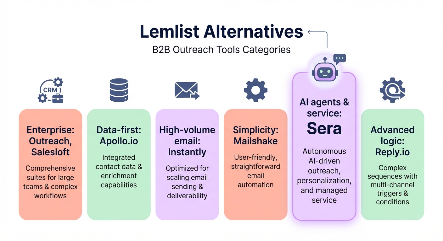 Comparison diagram of Lemlist alternatives for B2B outreach in 2026 grouped by category: enterprise (Outreach, Salesloft), data-first (Apollo.io), high-volume email (Instantly), simplicity (Mailshake), AI agents and service (Sera), and advanced logic (Reply.io).