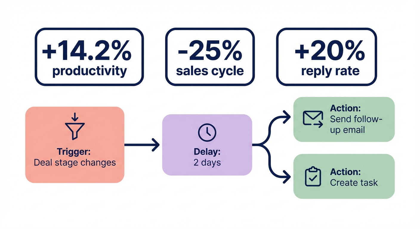 Minimalistic diagram showing Pipedrive workflow automation with a trigger when deal stage changes, a 2 day delay, and actions to send a follow-up email or create a task, alongside gains of 14.2% productivity, 25% shorter sales cycle and 20% higher reply rate.