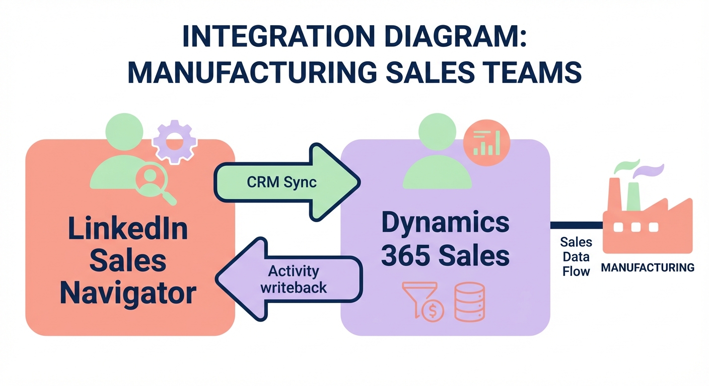 Diagram showing LinkedIn Sales Navigator syncing with Dynamics 365 Sales for manufacturing sales teams