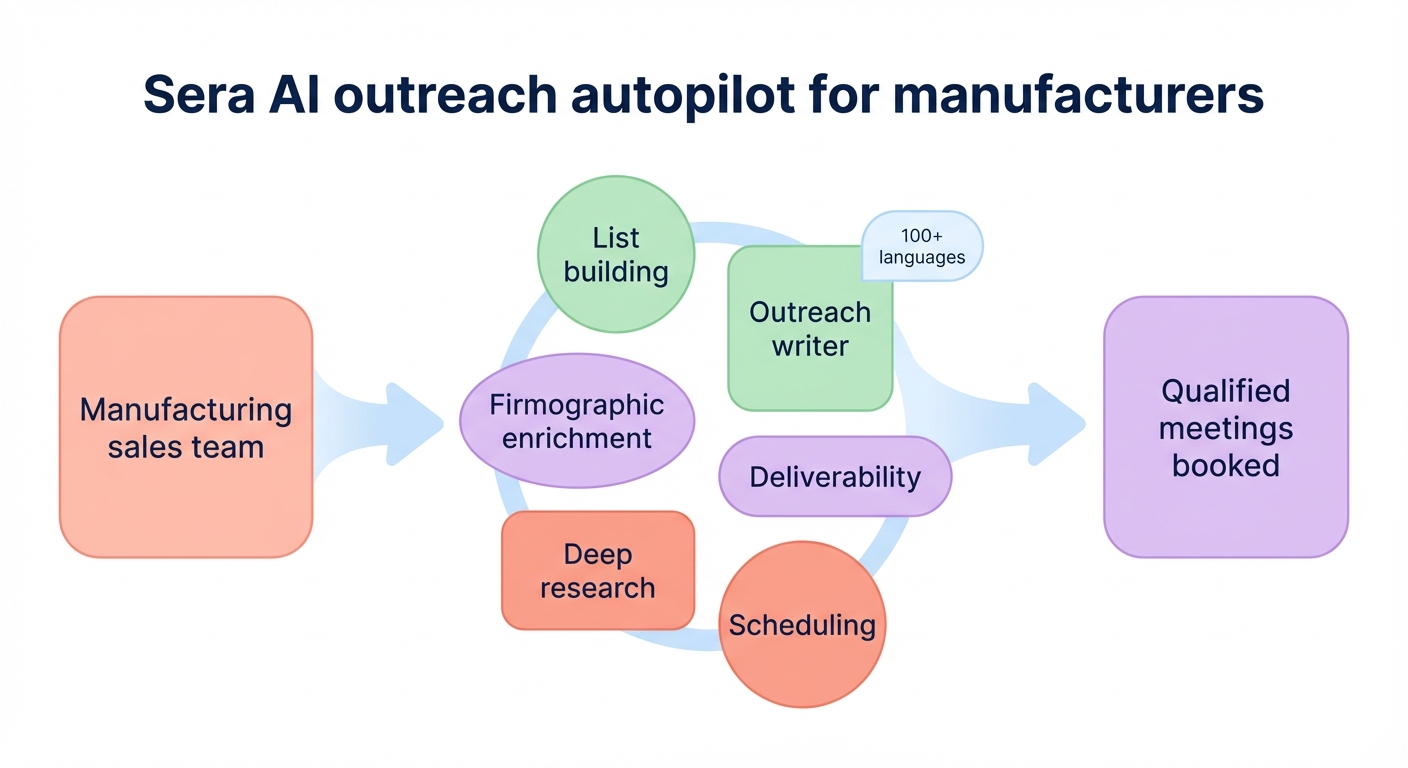 Flow diagram of Sera AI outreach autopilot for manufacturers, showing a manufacturing sales team feeding into AI agents for list building, firmographic enrichment, deep research, outreach writing, deliverability, and scheduling, resulting in qualified meetings booked.