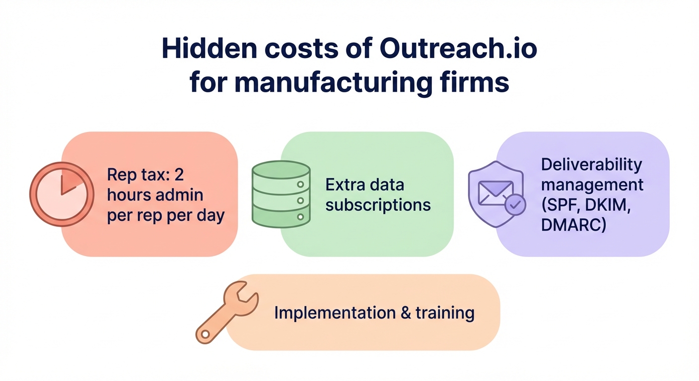 Diagram of hidden costs of Outreach.io for manufacturing firms, including rep tax of 2 hours admin per rep per day, extra data subscriptions, implementation and training, and deliverability management for SPF, DKIM, and DMARC.