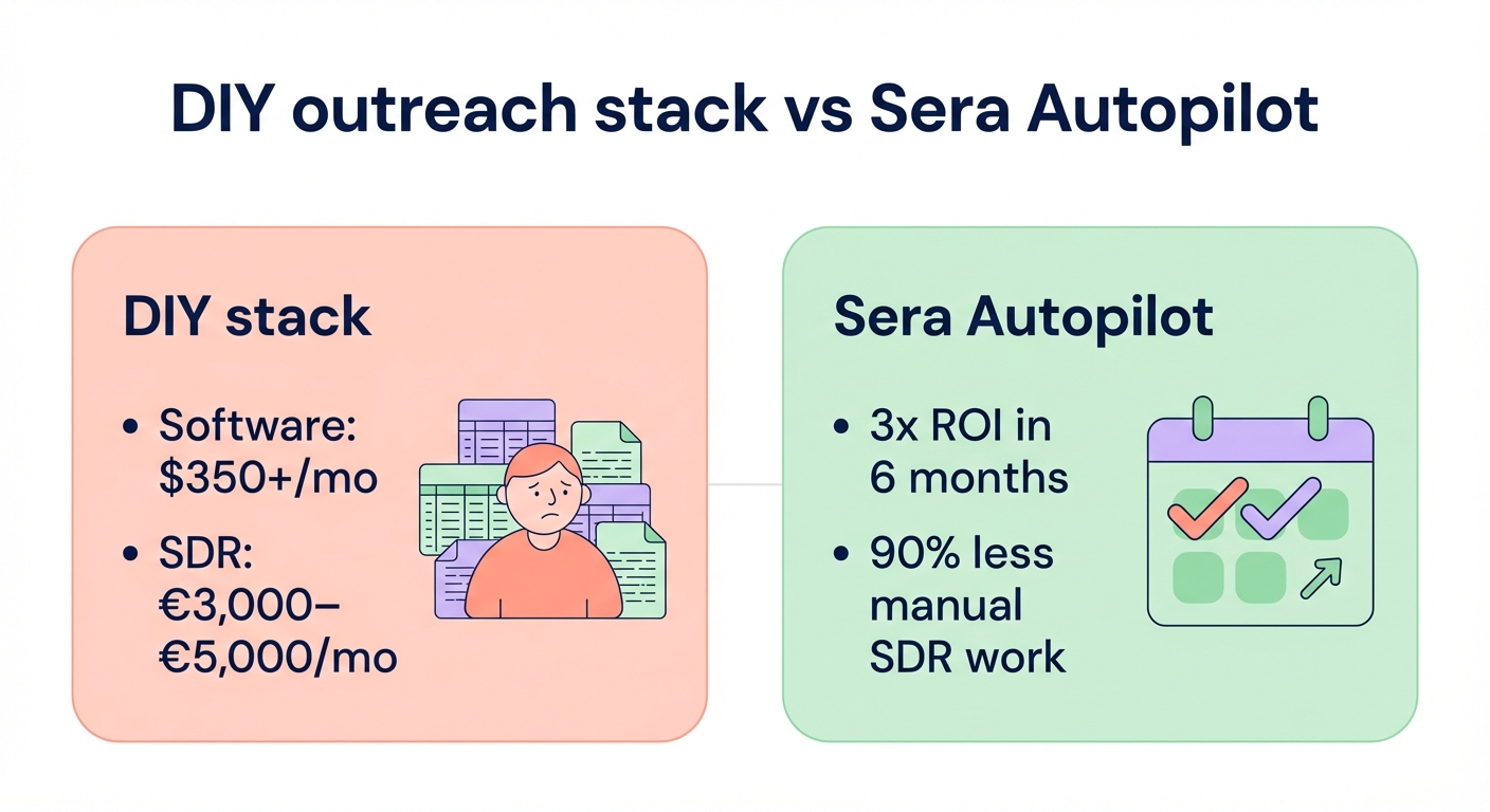 Diagram comparing DIY outreach stack software and SDR costs to Sera Autopilot 3x ROI and 90% less manual SDR work