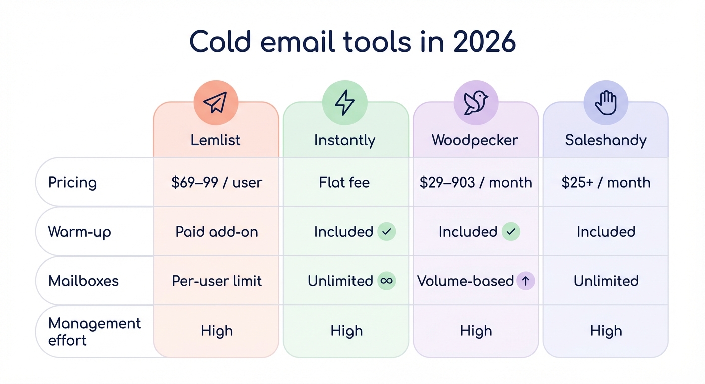 Comparison table of cold email tools in 2026 showing Lemlist, Instantly, Woodpecker and Saleshandy pricing, warm-up options, mailbox limits and management effort.