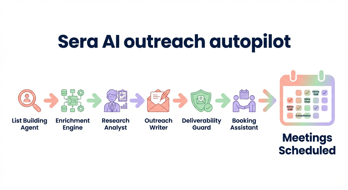 Sera AI outreach autopilot workflow from list building and enrichment to outreach, deliverability and scheduled meetings