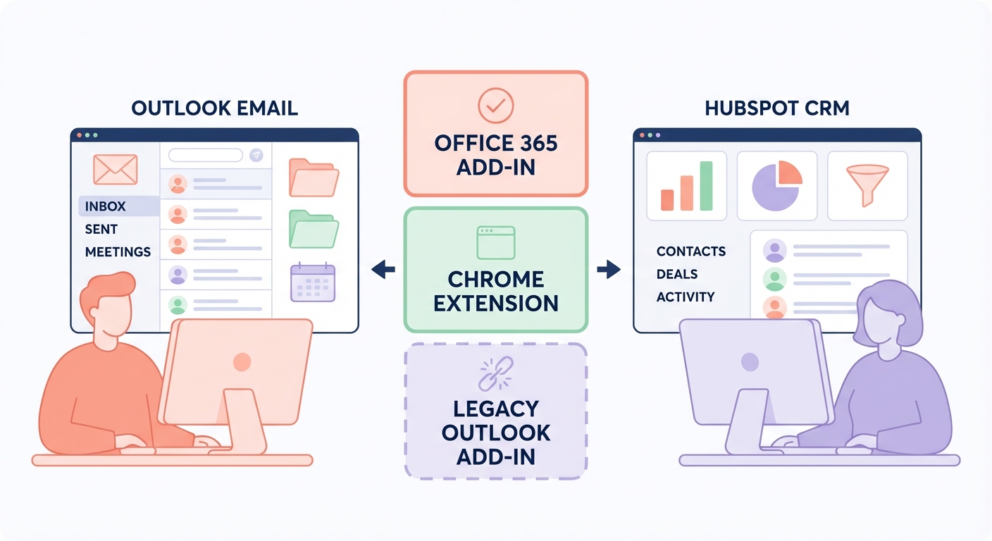 Diagram comparing HubSpot Sales Office 365 add-in, Chrome extension, and legacy Outlook add-in connecting Outlook email with HubSpot CRM for manufacturing sales teams.