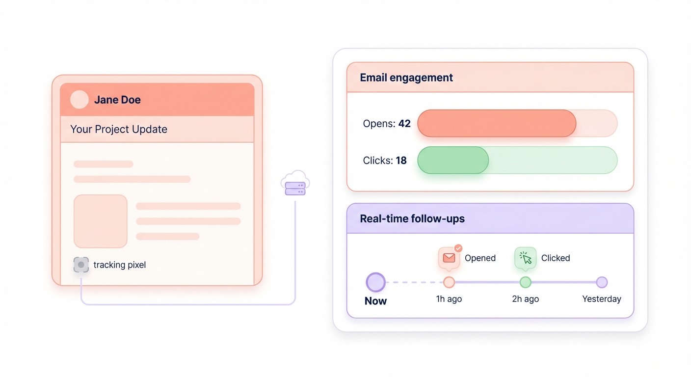 Minimalistic illustration of Pipedrive-style email tracking showing opens and link clicks in real time