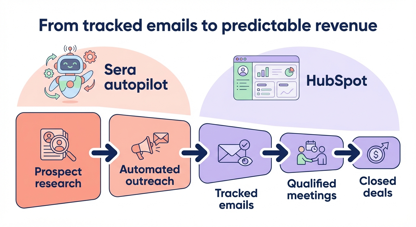 Process diagram titled From tracked emails to predictable revenue showing Sera autopilot prospect research and automated outreach feeding HubSpot tracked emails, qualified meetings, and closed deals.