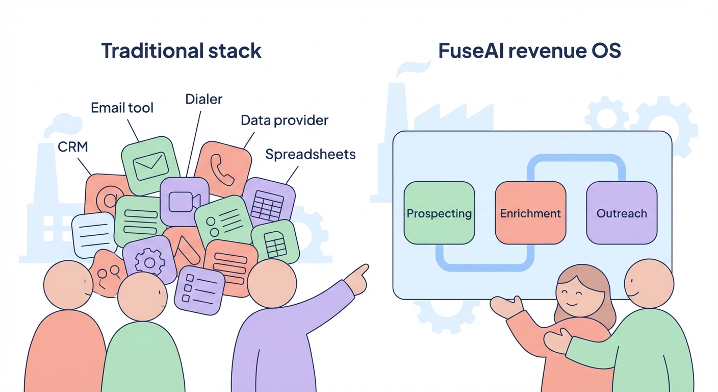 Illustration comparing a cluttered traditional industrial sales tech stack with FuseAI revenue OS unifying prospecting, enrichment, and outreach.