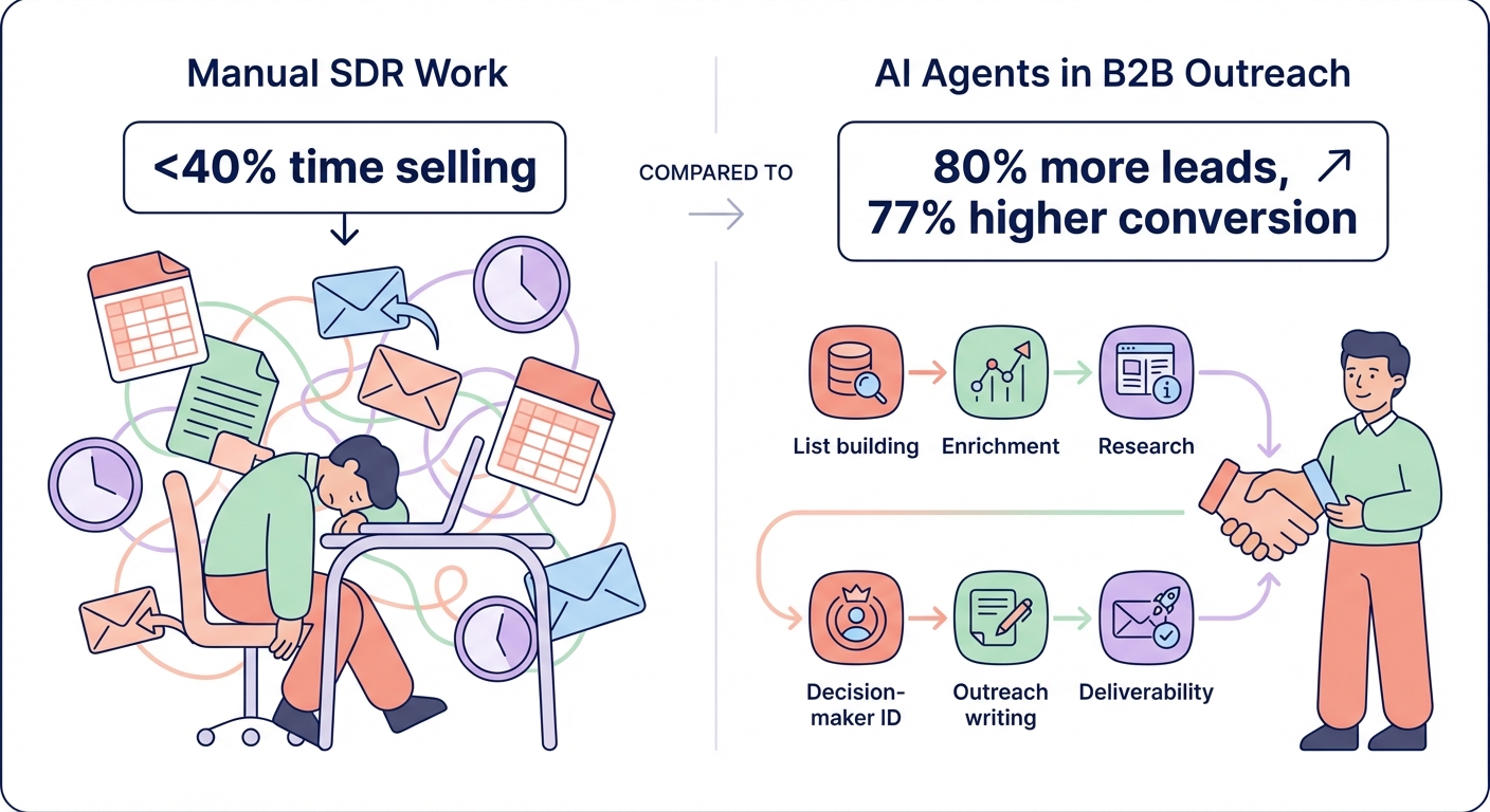 Illustration comparing overwhelmed manual SDR work with AI agents handling list building, enrichment, research, decision-maker identification, outreach writing, and deliverability to achieve more leads and higher conversions.