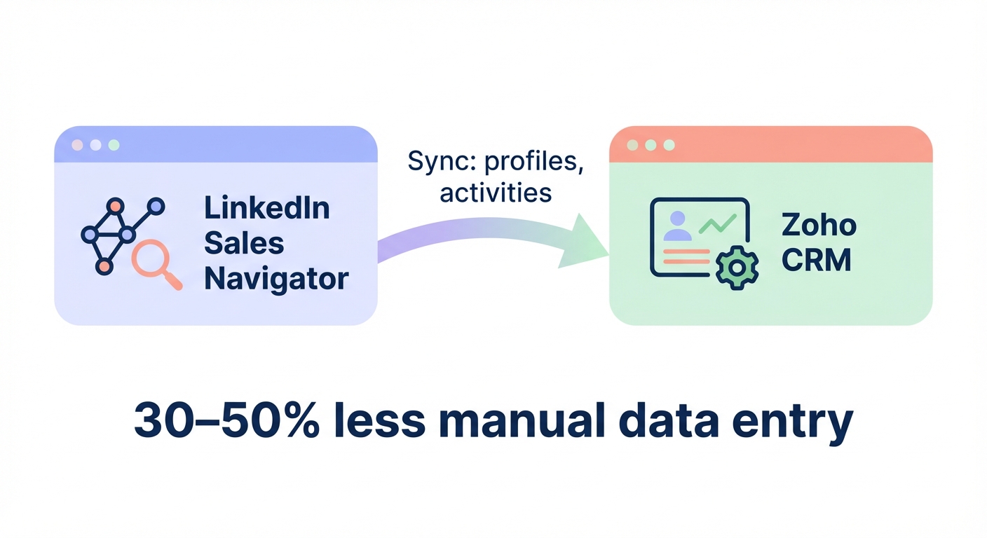 Minimalistic illustration of LinkedIn Sales Navigator syncing profiles and activities into Zoho CRM to cut manual data entry by 30–50%