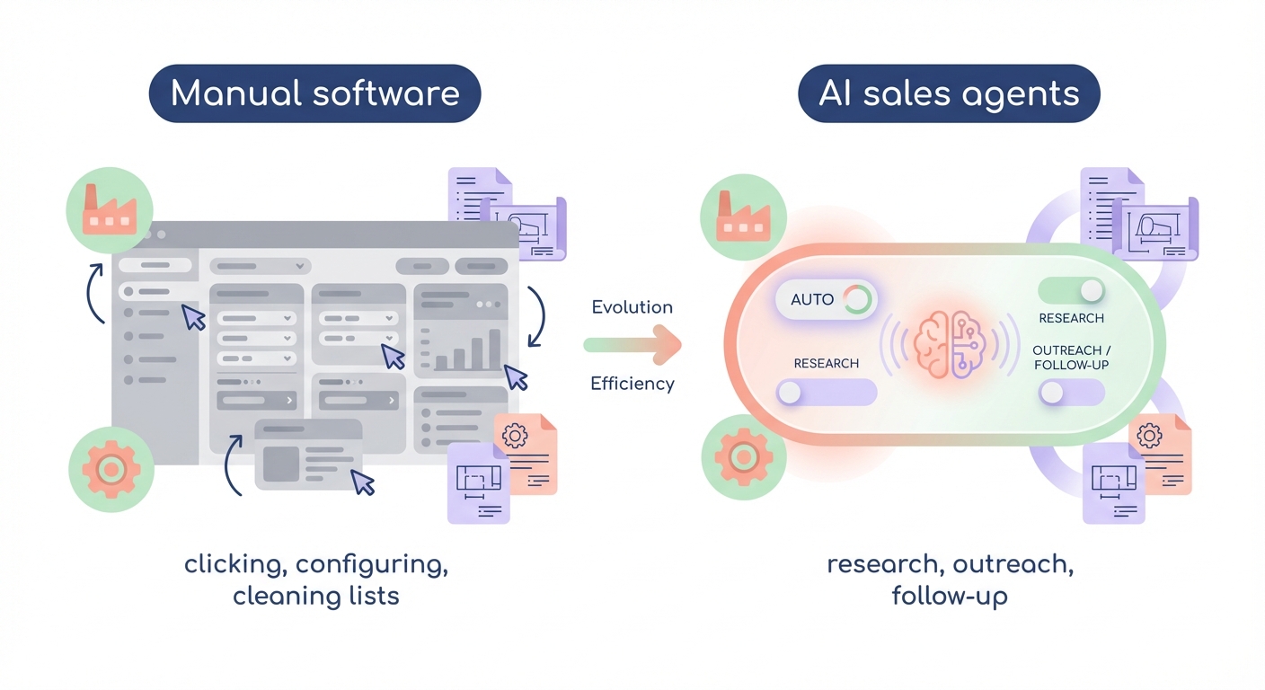 Minimalistic comparison between manual sales software and AI sales agents showing shift from clicking and cleaning lists to automated research, outreach, and follow-up.