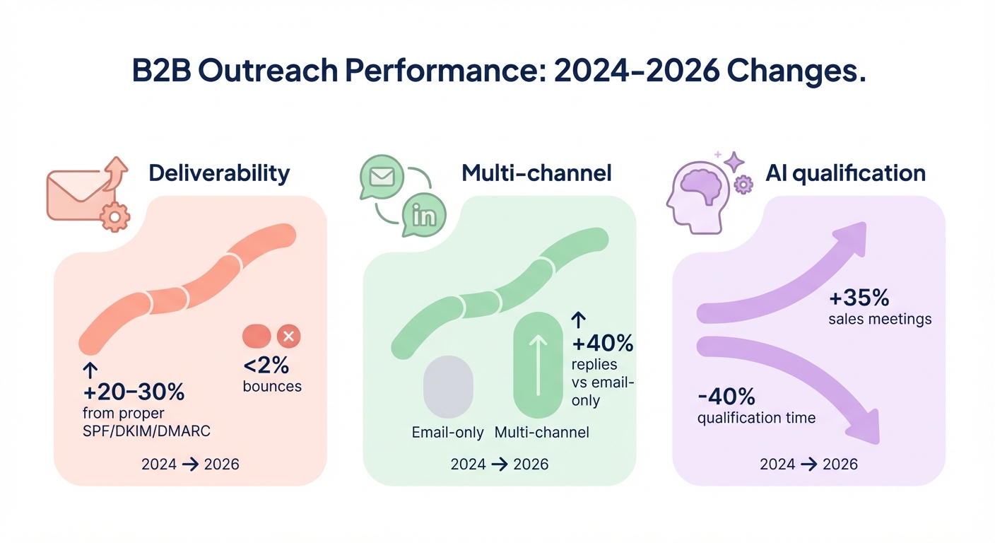 Chart of B2B outreach performance from 2024 to 2026 showing 20–30% better deliverability, 40% more replies from multi-channel outreach, and 35% more sales meetings from AI qualification.