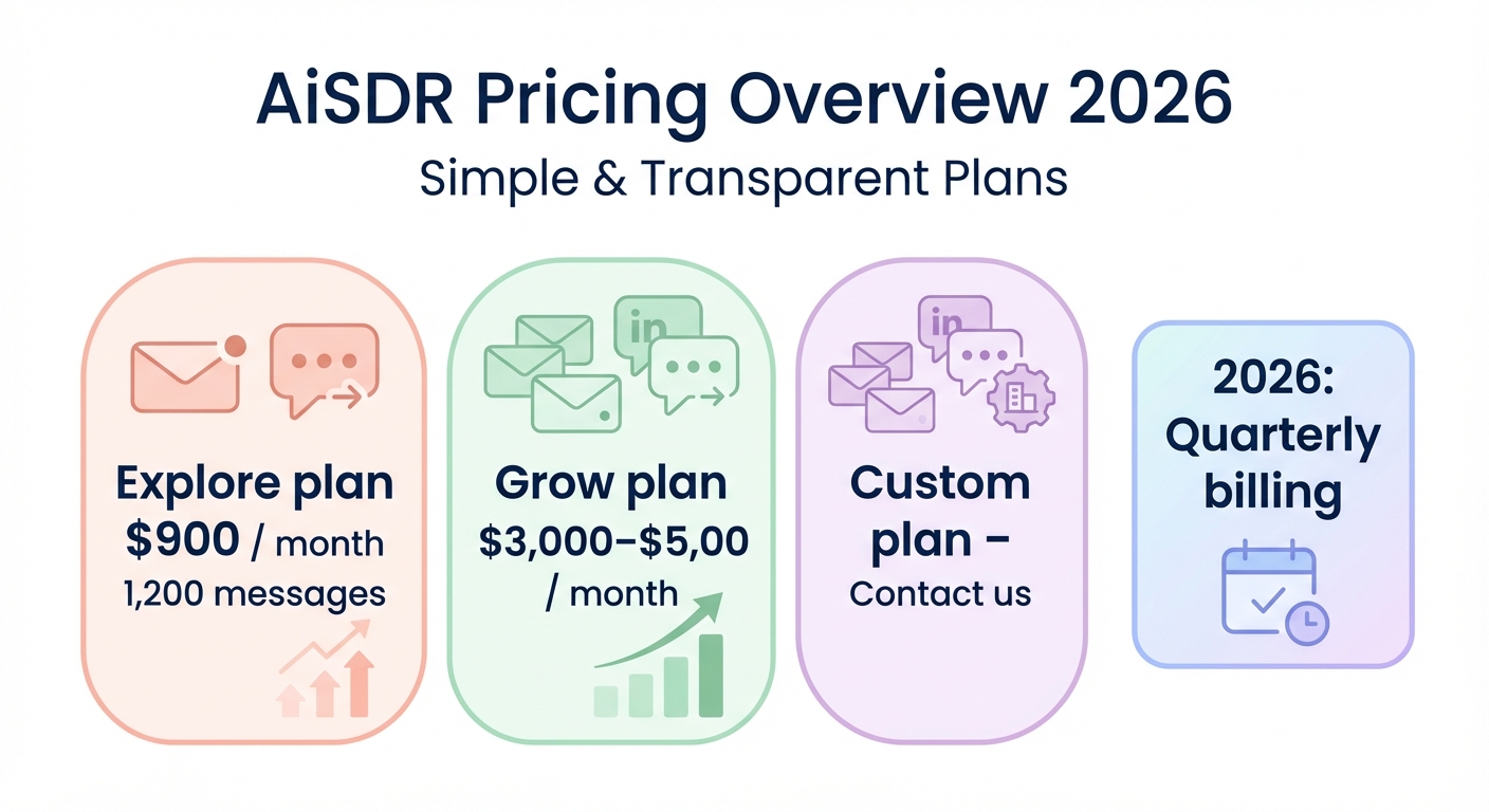Minimalistic pricing illustration summarizing AiSDR 2026 plans, showing Explore at $900 per month for 1,200 messages and Grow or custom tiers in the $3,000–$5,000 per month range.