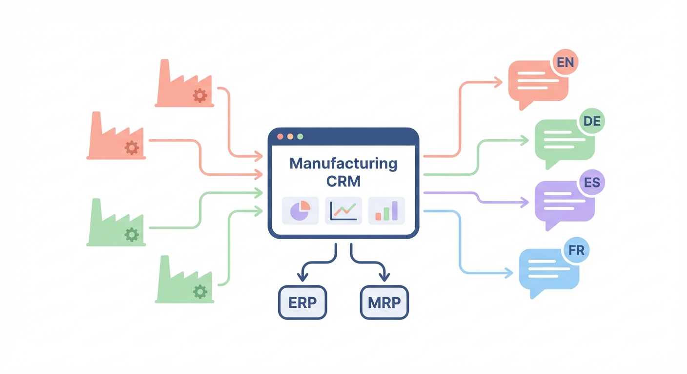 Minimalistic illustration of a manufacturing CRM connected to multiple factories, ERP and MRP systems, and multilingual outreach channels.