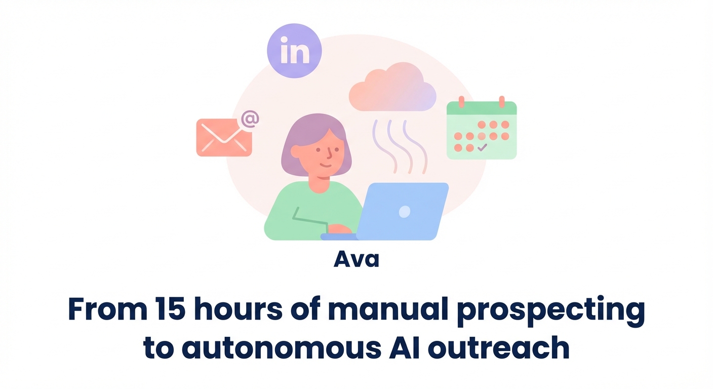 Minimalistic illustration of an AI BDR called Ava working at a laptop, automating outbound prospecting tasks in a sales team.