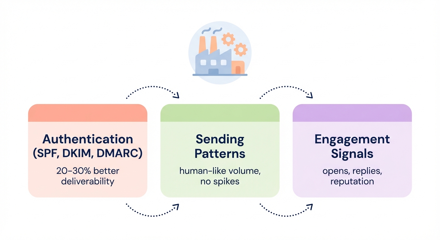 Diagram explaining B2B cold email deliverability with authentication, human-like sending patterns and engagement signals