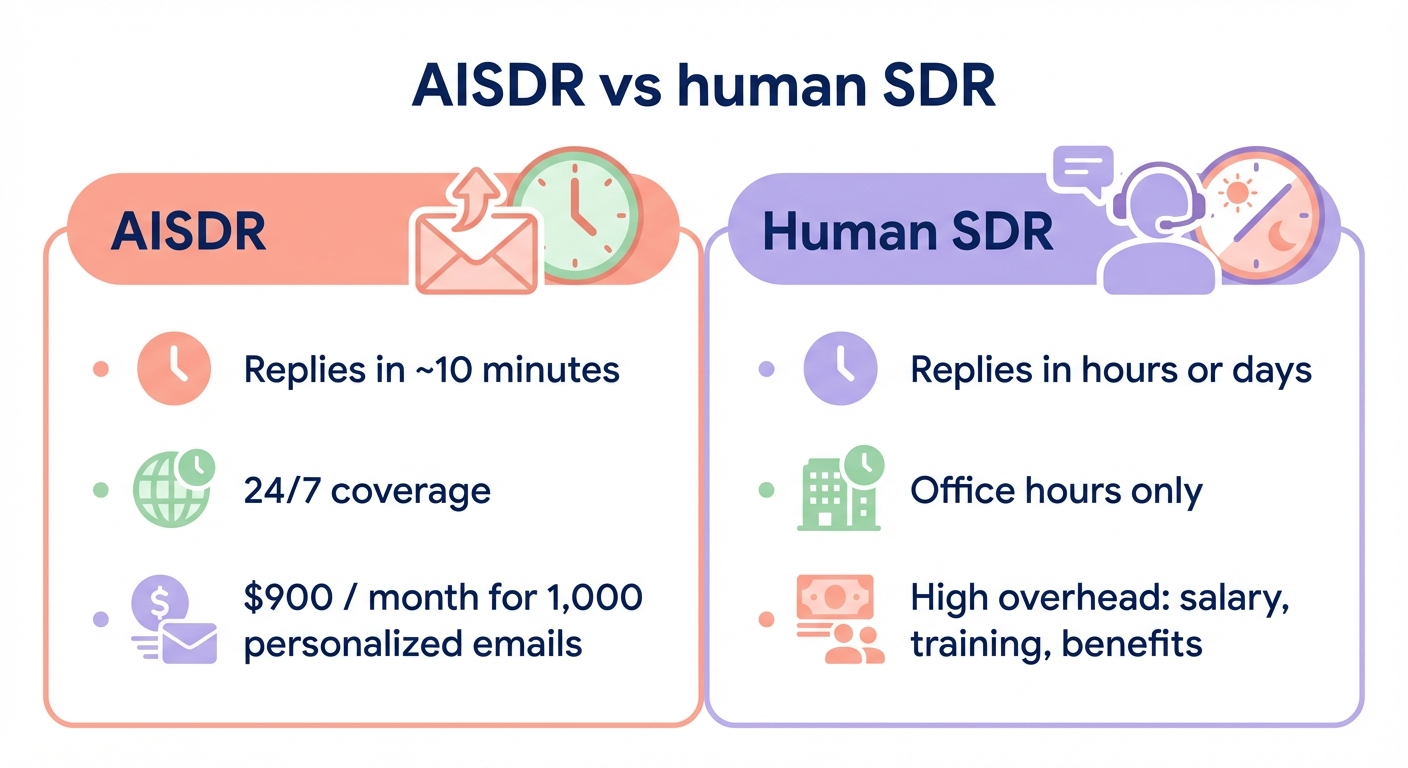 Minimalistic comparison chart of AISDR versus human SDR, highlighting 10-minute replies, 24/7 coverage, and $900 per month for 1,000 personalized emails versus slower response times, office-hours coverage, and high overhead.