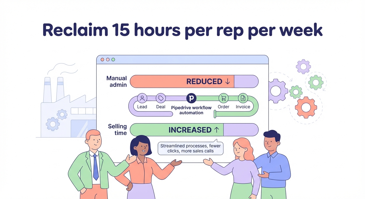 Minimalistic illustration of manufacturing sales team using Pipedrive workflow automation to reduce manual admin and reclaim 15 hours of selling time per rep per week.
