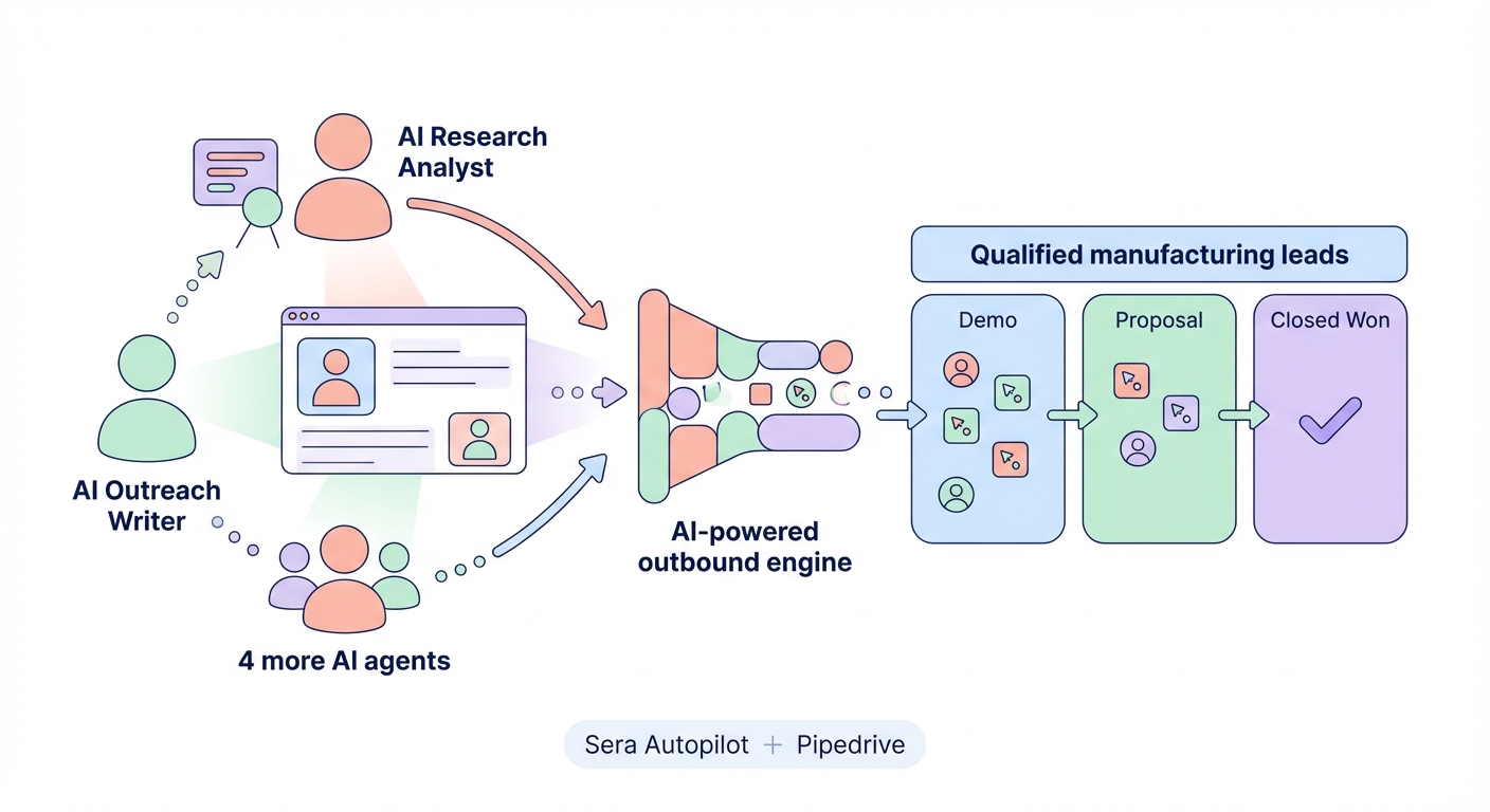 Minimalistic illustration of multiple AI agents, including an AI Research Analyst and AI Outreach Writer, feeding an AI-powered outbound engine that delivers qualified manufacturing leads into a Pipedrive sales pipeline from demo to closed won.