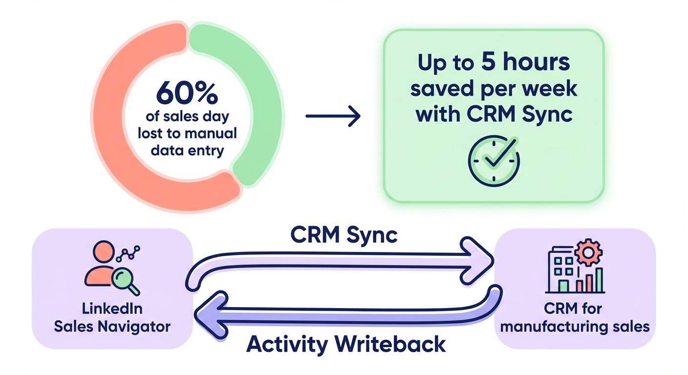 Minimalistic diagram showing 60% of a sales day lost to manual data entry and up to 5 hours saved per week with CRM Sync between LinkedIn Sales Navigator and a manufacturing CRM.