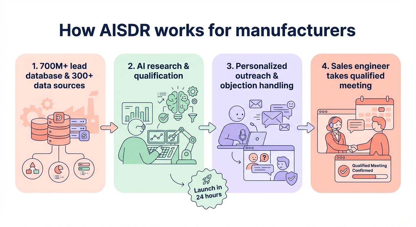 Diagram showing how AISDR works for manufacturers, from 700M+ lead database and 300+ data sources through AI research, personalized outreach, and handing qualified meetings to sales engineers, with launch in 24 hours.