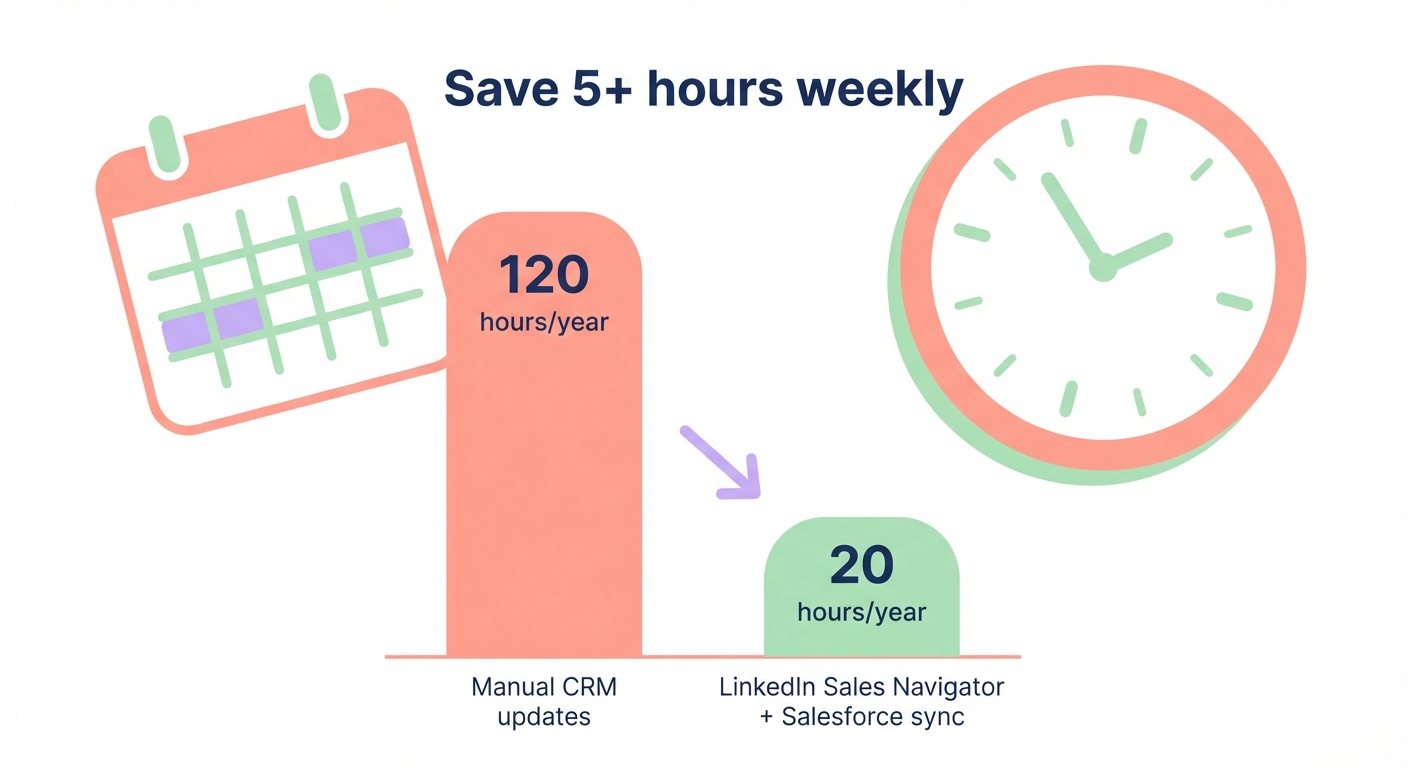 Minimalistic illustration of a large calendar and clock highlighting weekly time savings from automating LinkedIn Sales Navigator to Salesforce sync