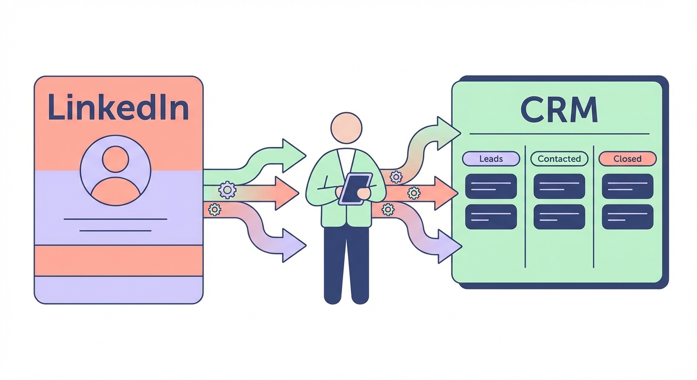 Minimalistic illustration of an industrial sales rep syncing LinkedIn contacts and activities into a CRM pipeline to save admin time.