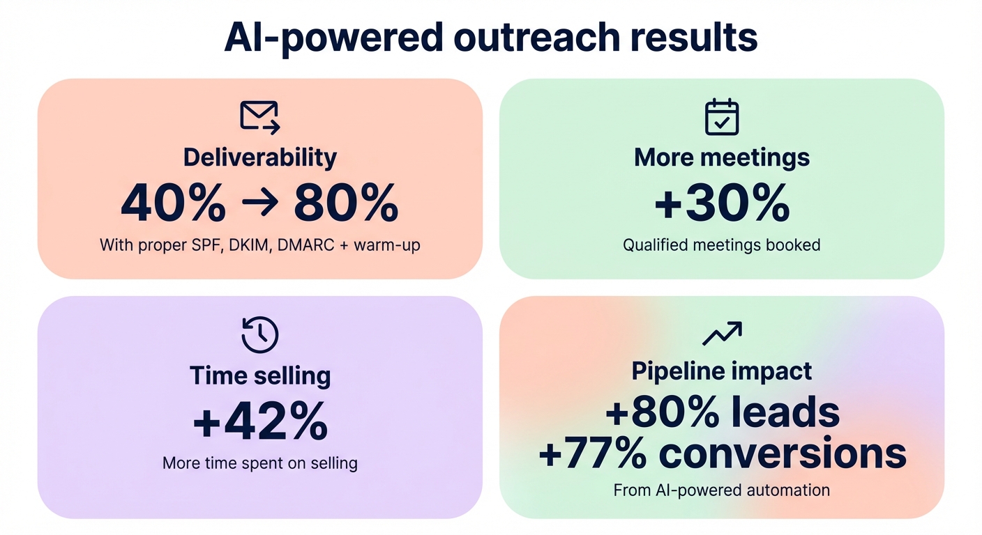 Infographic of AI-powered outreach results showing deliverability rising from 40% to 80%, 30% more qualified meetings, 42% more time selling, and pipeline gains with more leads and higher conversions.