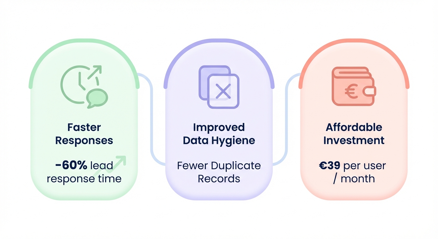 Simple pastel infographic summarizing LinkedIn–Pipedrive connector limitations such as API restrictions, InMail logging gaps, duplicate data risks, and monthly cost versus time saved ROI.
